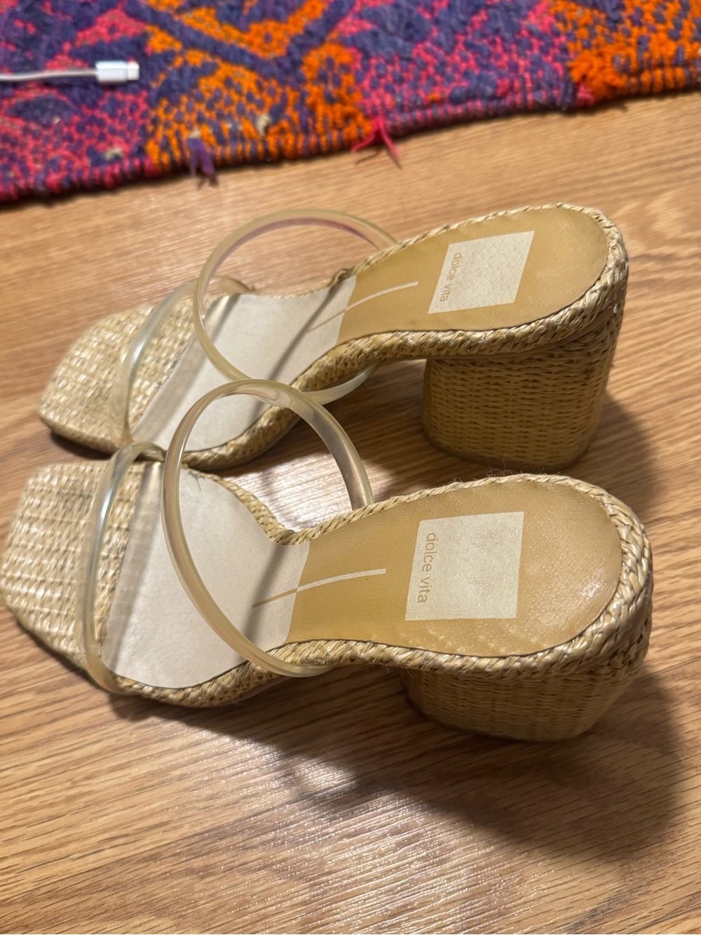 Dolce Vita Natural Woven Block Heel Sandals with Clear Straps